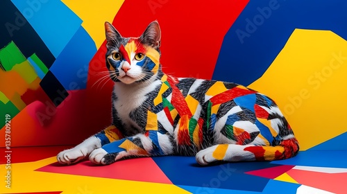 Vibrant artful cat displayed against colorful background indoor studio photography contemporary close-up creative expression