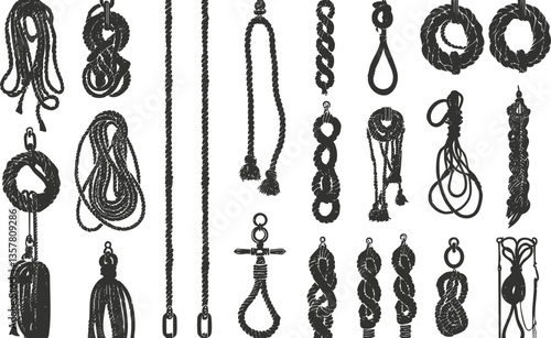 Black and white illustration of various nautical knots and rope designs.