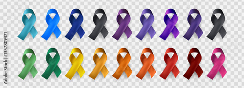 Colorful awareness ribbons in various colors representing different causes. Symbol of support, prevention, unity. Realistic 3D design for campaign graphics. Vector illustration