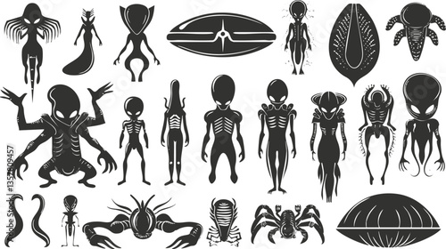 Collection of alien silhouettes and shapes in a black and white design.