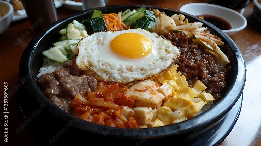 Bibimbap with Fried Egg and Various Vegetables in Black Bowl Bibimbap with Fried Egg and Various Vegetables in Black Bowl