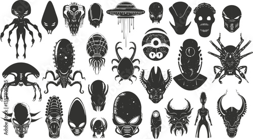 Collection of alien and monster silhouettes in black and white design.