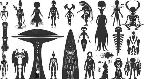 Set of alien creature silhouettes in black and white illustration.
