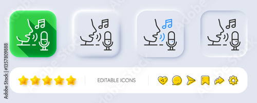 Microphone line icon. Neumorphic, Flat shadow, 3d buttons. Studio mic sign. Voice record device symbol. Line microphone icon. Social media icons. Vector
