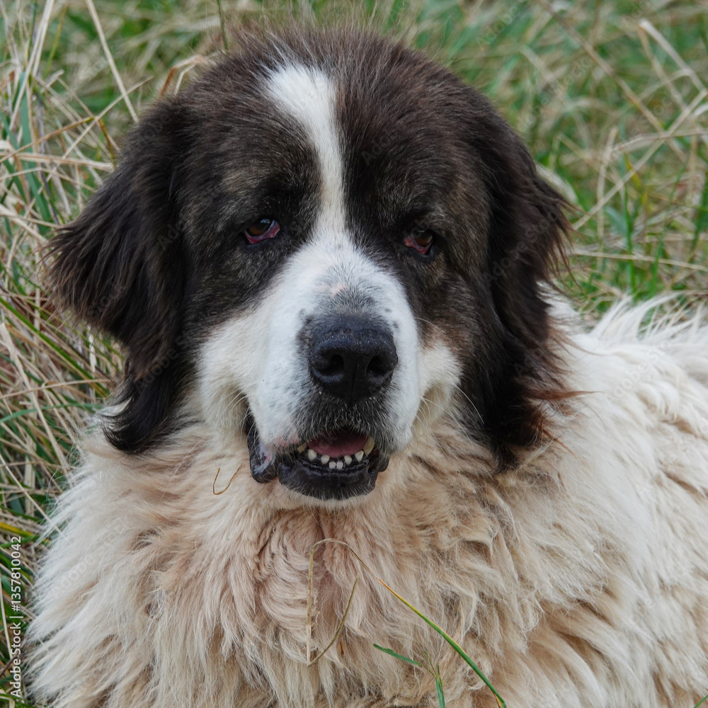 Adorable fluffy dog resting in a grassy field