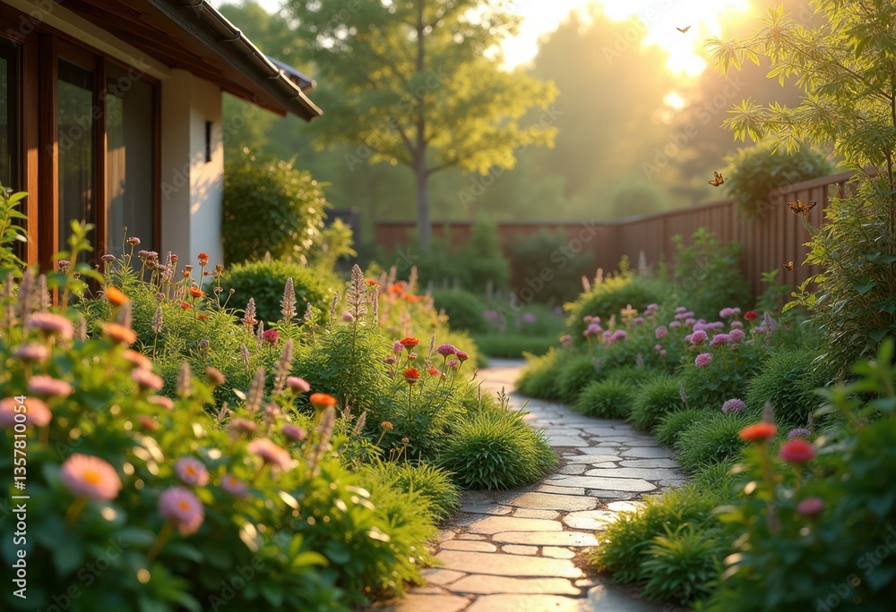 Obraz premium vibrant eco friendly home garden native plants sustainable landscaping lush greenery diversity, flowers, shrubs, herbs, foliage, vegetation, perennials