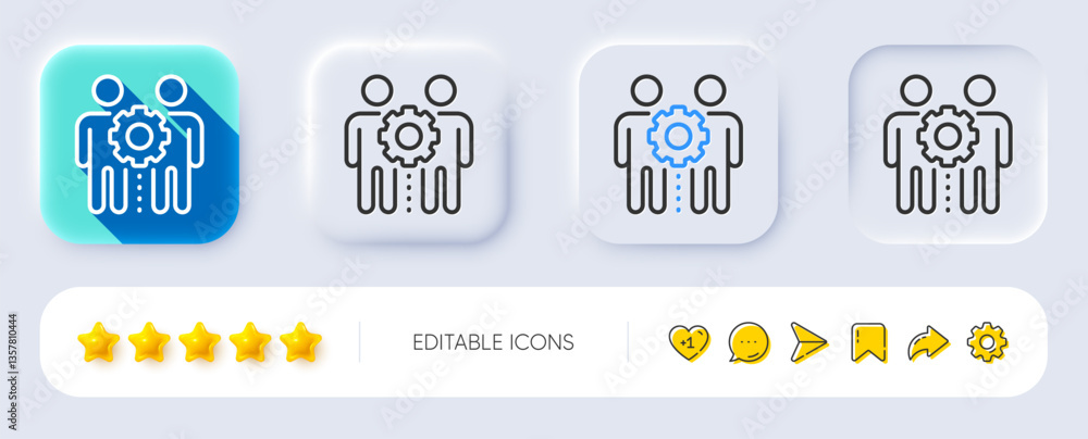 Fototapeta premium Employees teamwork line icon. Neumorphic, Flat shadow, 3d buttons. Collaboration sign. Development partners symbol. Line employees teamwork icon. Social media icons. Vector