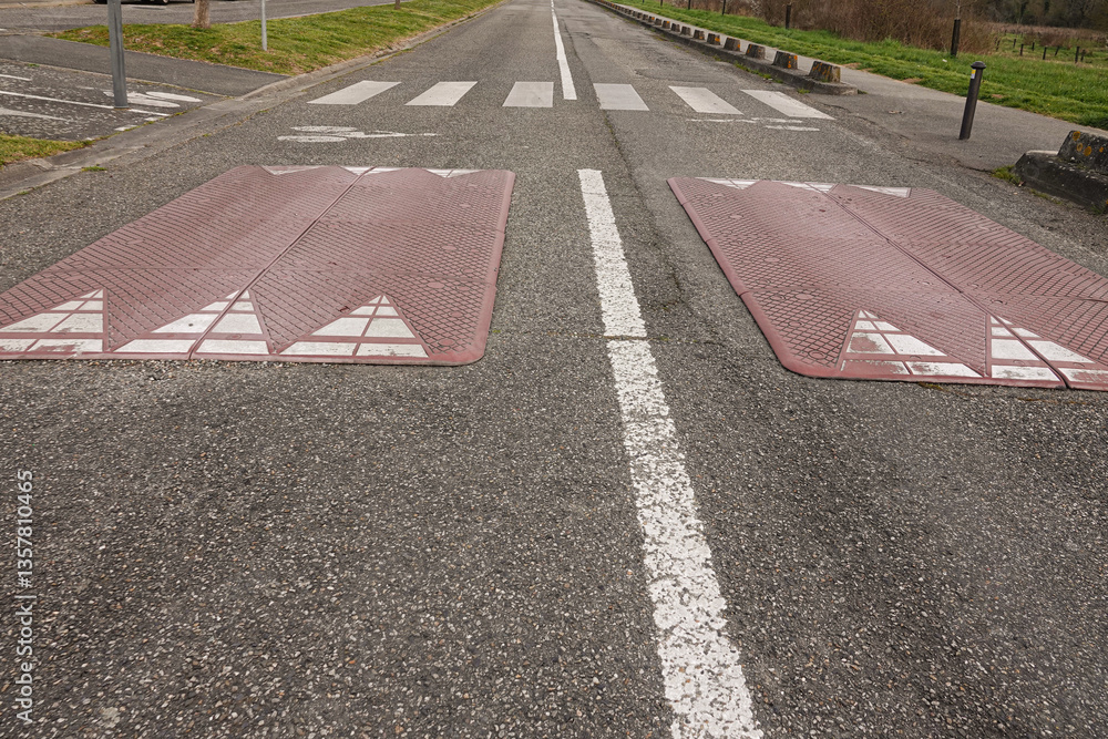 Speed bumps on a quiet road near a crosswalk in a suburban neighborhood