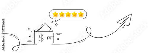 Wallet line icon. Continuous line with share plane. Affordability sign. Cash savings symbol. Five star rate review in speech bubble. Wallet single line ribbon. Loop curve pattern. Vector