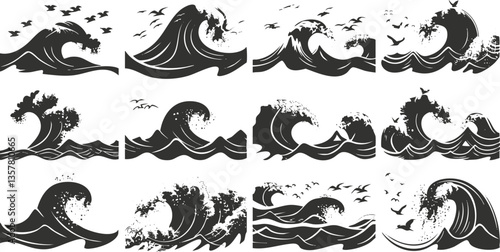 Collection of black wave illustrations with birds in various styles.