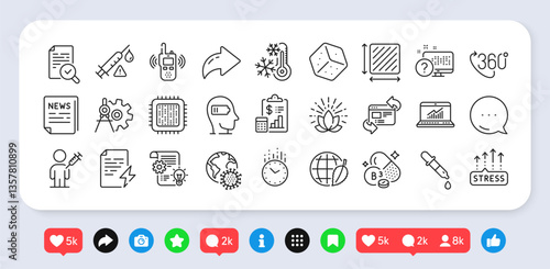 Fake news, Vaccine attention and Lotus line icons pack. Social media: share, comment, like icons. Square area, Weariness, Online quiz web icon. Freezing, Dice, People vaccination pictogram. Vector