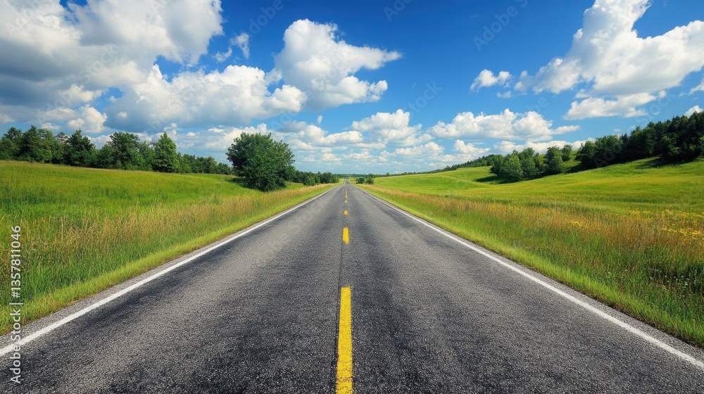 Fototapeta premium National Odometer Day Long open road through scenic countryside under blue sky and fluffy clouds