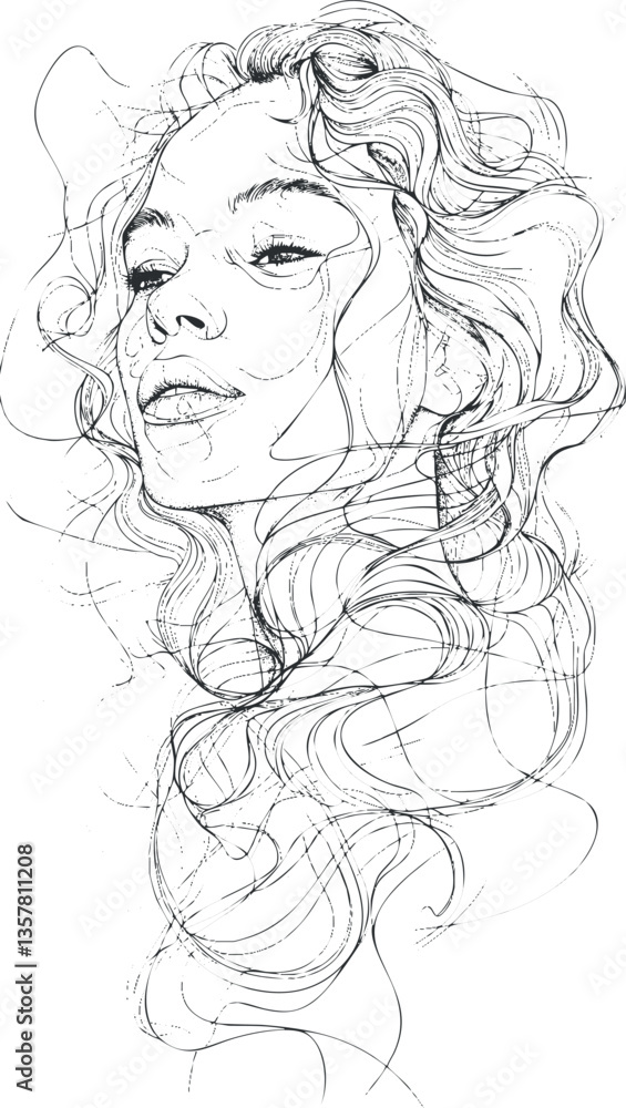 Abstract line art portrait of a woman with flowing hair. Abstract line art portrait of a woman with flowing hair.