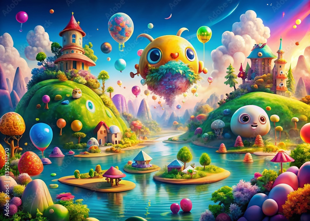 Fototapeta premium Whimsical Cartoon World Double Exposure: Dreamy Landscape & Playful Characters
