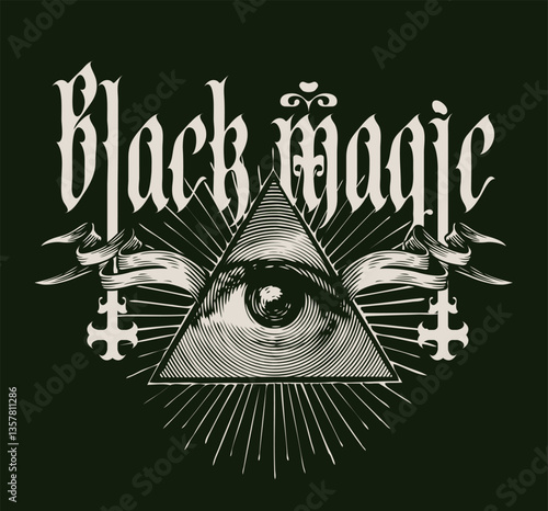 Vector illustration or banner with Masonic symbol all-seeing eye, inverted crosses, black magic in grunge style. Satanism symbol, occult witchcraft sign. T-shirt design, music cover, flyer, poster