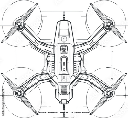 Detailed blueprint of a quadrotor drone design with technical elements.