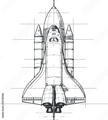 Technical sketch of a space shuttle design with detailed blueprint lines.