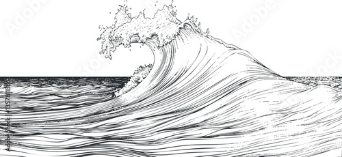 Detailed line drawing of a dynamic ocean wave in black and white.