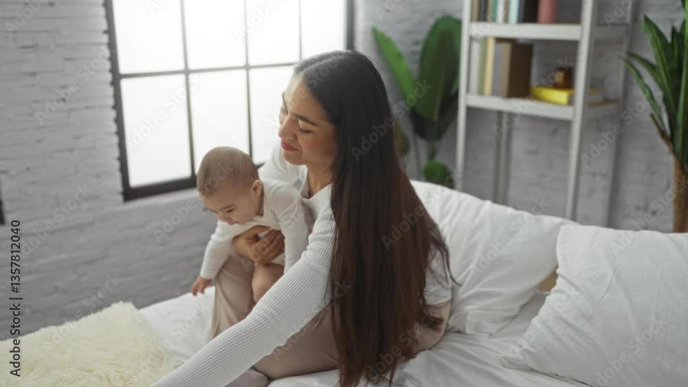 Mother holding baby on bed in cozy bedroom setting, showcasing family love and connection in a home environment with natural light and soft decor. Mother holding baby on bed in cozy bedroom setting, showcasing family love and connection in a home environment with natural light and soft decor.