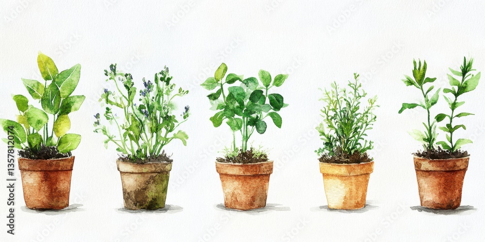 Obraz premium International Day of Plant Health Watercolor illustration of potted herbs: basil, mint, rosemary, thyme, and parsley
