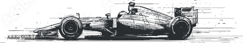 Monochrome vector illustration of a sleek racecar in motion.