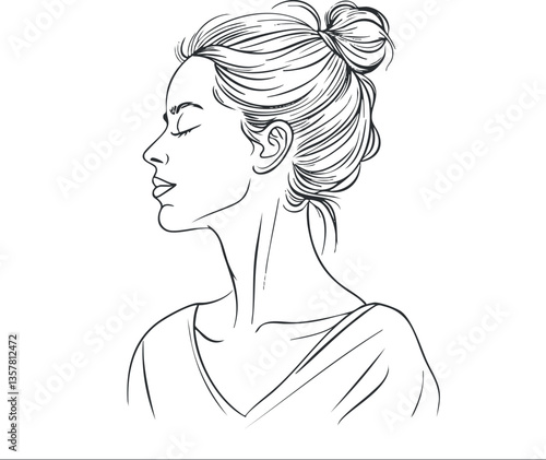 Minimalist line art illustration of a woman's profile with a bun hairstyle.