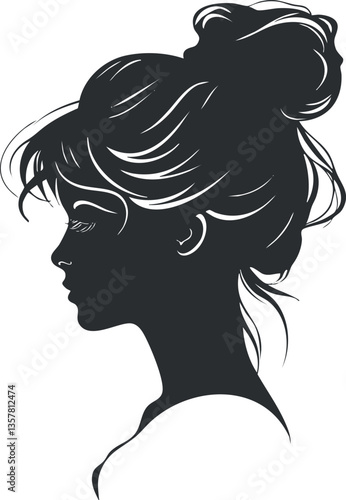 Silhouette of a woman's profile with a ponytail in black and white.