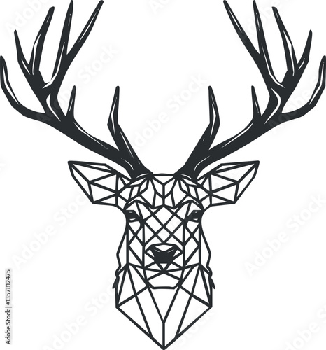 Geometric illustration of a deer head with large antlers in black and white.