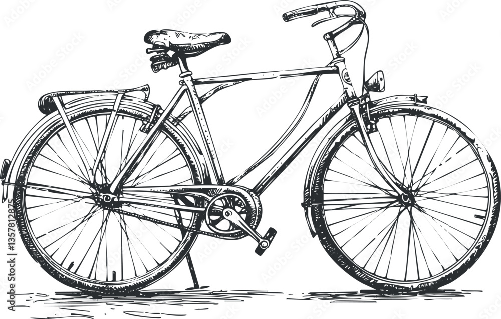 Fototapeta premium Detailed vintage bicycle sketch in black and white illustration.