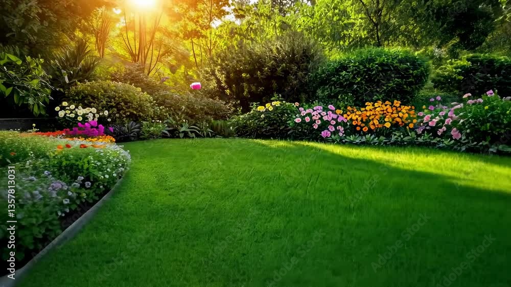 A serene garden scene captured at eye level, showcasing vibrant flowers and lush greenery. Perfect for a tranquil nature video backdrop. A serene garden scene captured at eye level, showcasing vibrant flowers and lush greenery. Perfect for a tranquil nature video backdrop.