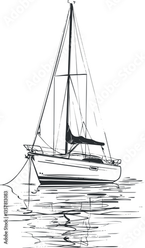 Black and white illustration of a sailboat on water.