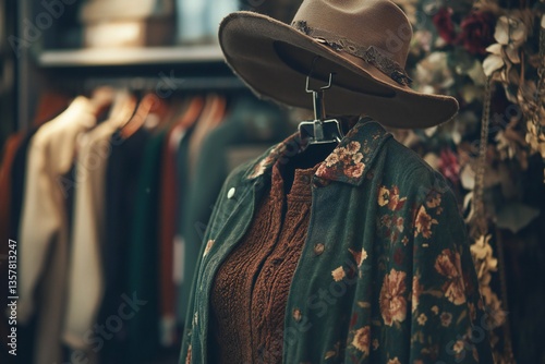 Second hand wardrobe inspiration. Circular fashion, eco-friendly sustainable shopping, thrifting shop idea. Woman's outfit