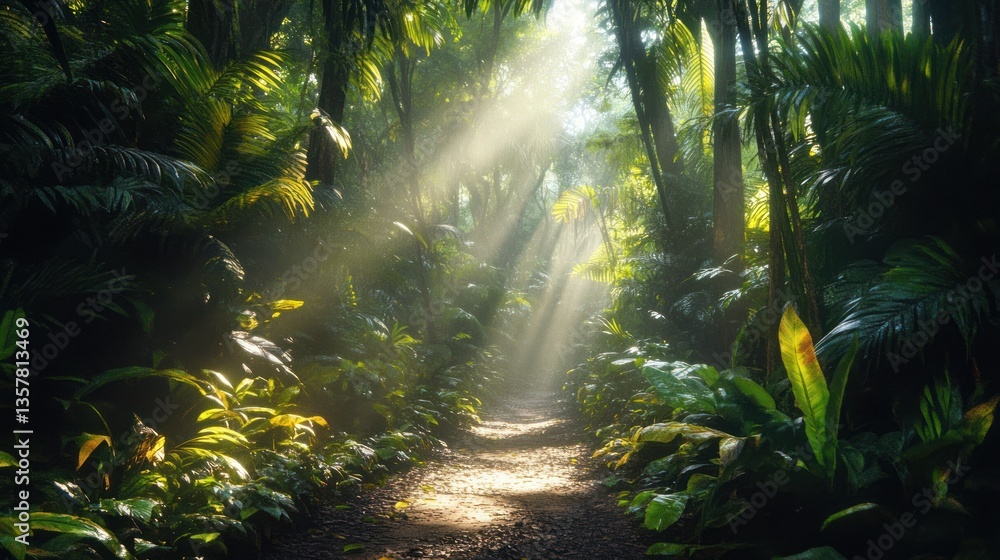 Sunbeams Illuminating a Lush Tropical Jungle Path Sunbeams Illuminating a Lush Tropical Jungle Path