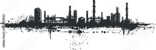Grunge-style industrial skyline silhouette with factories and refineries.