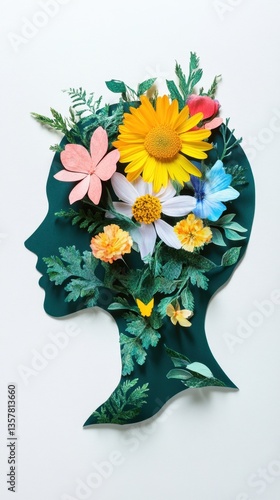 National Mental Health Provider Appreciation Day Silhouette of human head with colorful flowers and green leaves in profile view