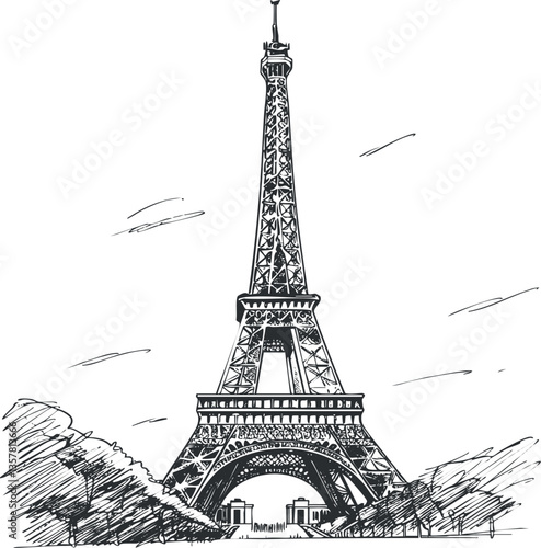 Black and white sketch of the Eiffel Tower in Paris, France.
