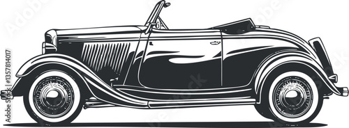 Illustration of a vintage convertible car in black and white outline.
