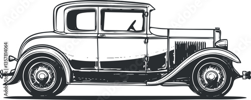Stylized illustration of a vintage car in black and white outline.