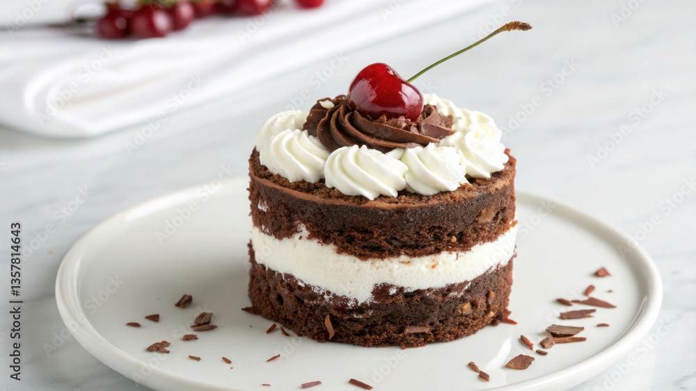 A single-serving mini Black Forest cake with fluffy whipped cream, rich chocolate sponge layers, and a fresh cherry on top, styled elegantly on a white surface. A single-serving mini Black Forest cake with fluffy whipped cream, rich chocolate sponge layers, and a fresh cherry on top, styled elegantly on a white surface.