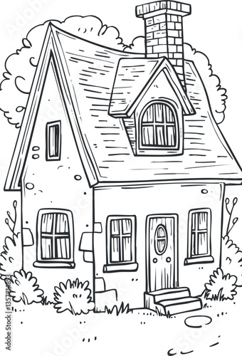 Line art illustration of a charming cottage with garden elements.