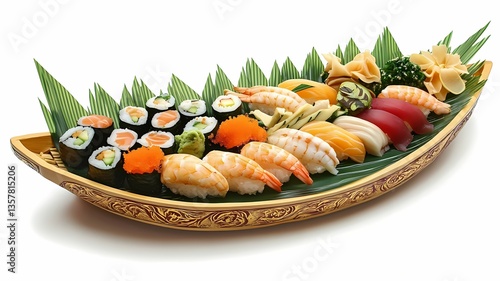 Assorted Sushi Rolls and Nigiri on Ornate Boat-shaped Platter