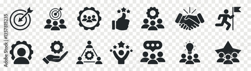 Teamwork icon set. Goal setting, team target, leadership, collaboration