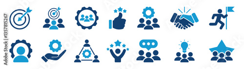 Teamwork icon set. Goal setting, team target, leadership, collaboration