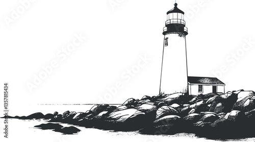 Monochrome illustration of a lighthouse on rocky coastline with ocean view.