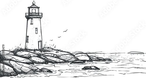 Black and white illustration of a lighthouse on a rocky coast.