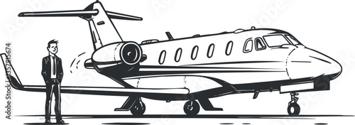Illustration of a pilot standing next to a private jet.