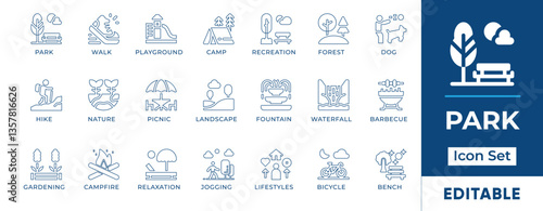Park line icon set featuring trees, benches, playgrounds, walking paths, picnic areas, nature, outdoor activities, public spaces, and relaxation spots.