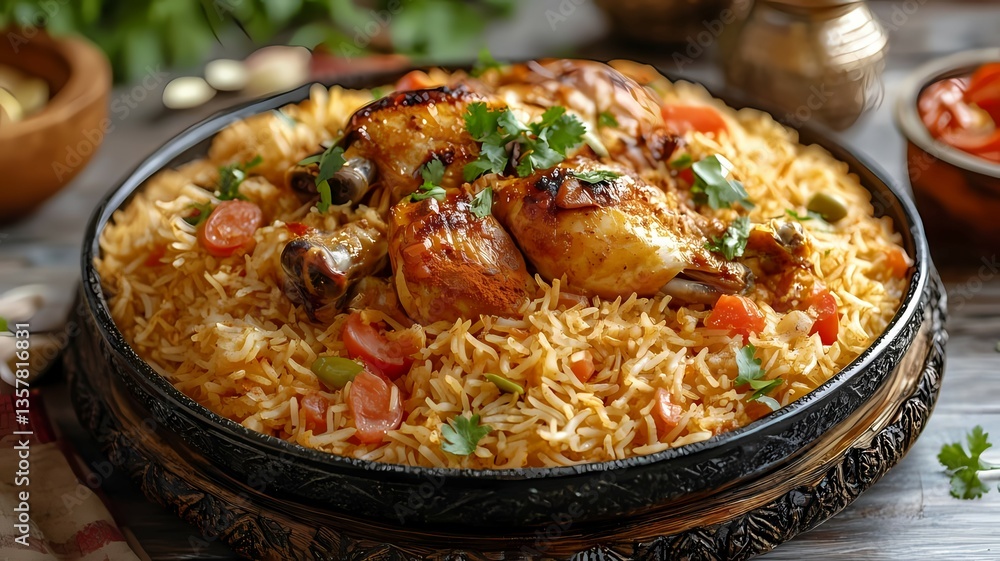 Delicious Chicken and Rice Dish Served in an Ornate Bowl Delicious Chicken and Rice Dish Served in an Ornate Bowl