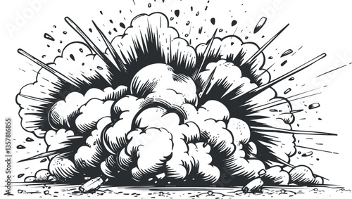 Black and white comic-style explosion illustration with dynamic smoke clouds.