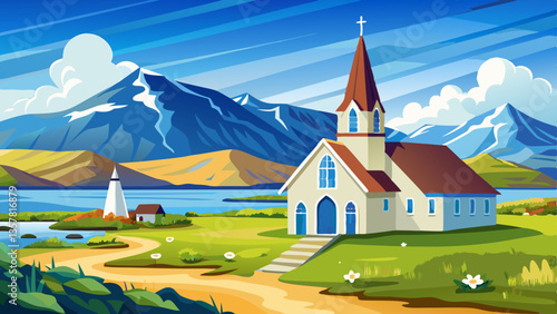 Flateyjarkirkja white lutheran church with meadow in foreground and sea fjord with blue sky and mountains in the background, Flatey, Iceland